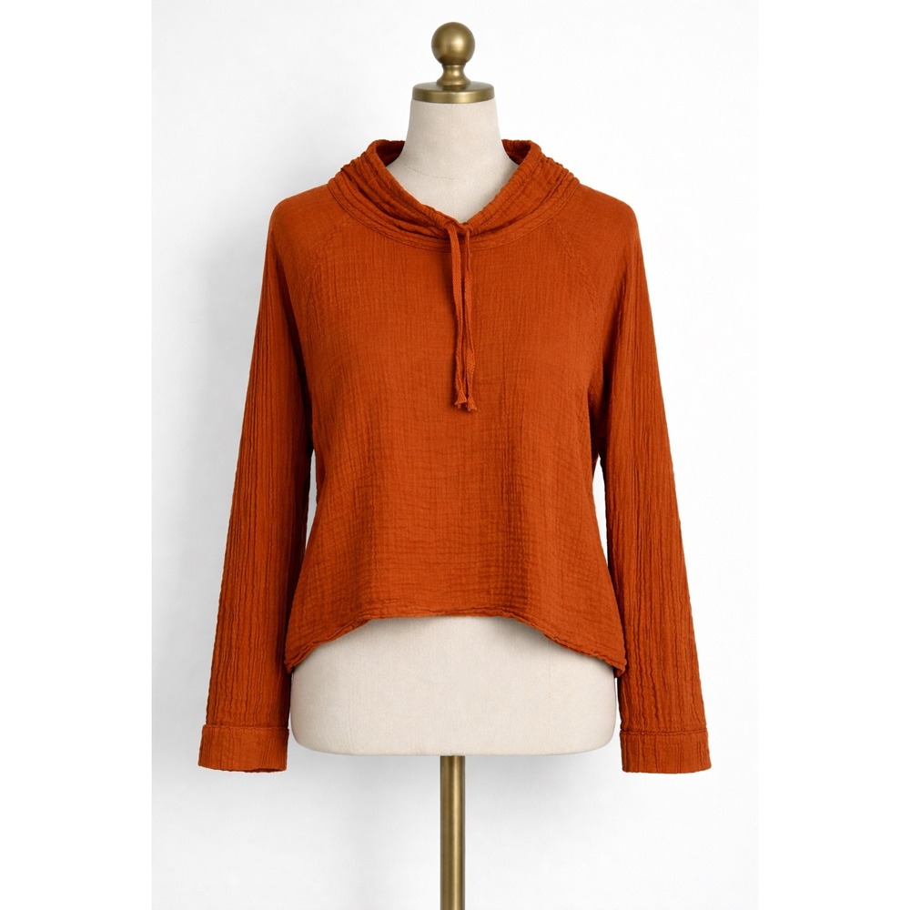 Xirena Womens Rust Orange Cotton Gauze Cowl Neck Drawstring Pullover Top Small